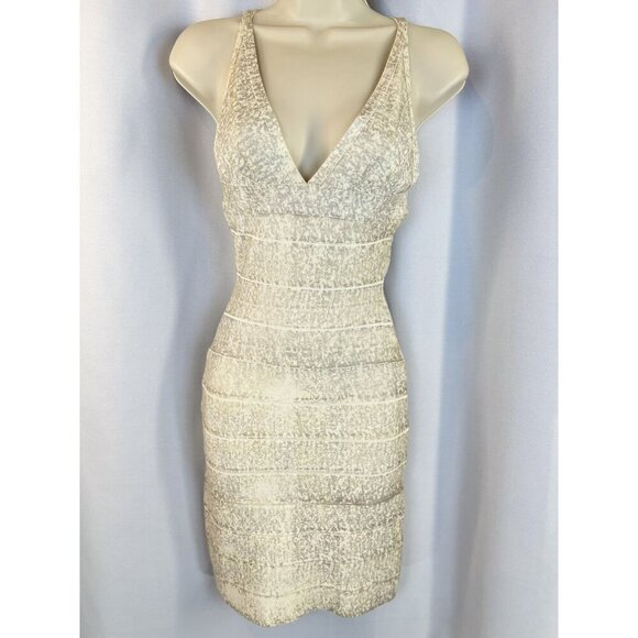 Herve Leger Beige Silver V-Neck Bandage Dress $1290 - Picture 3 of 13